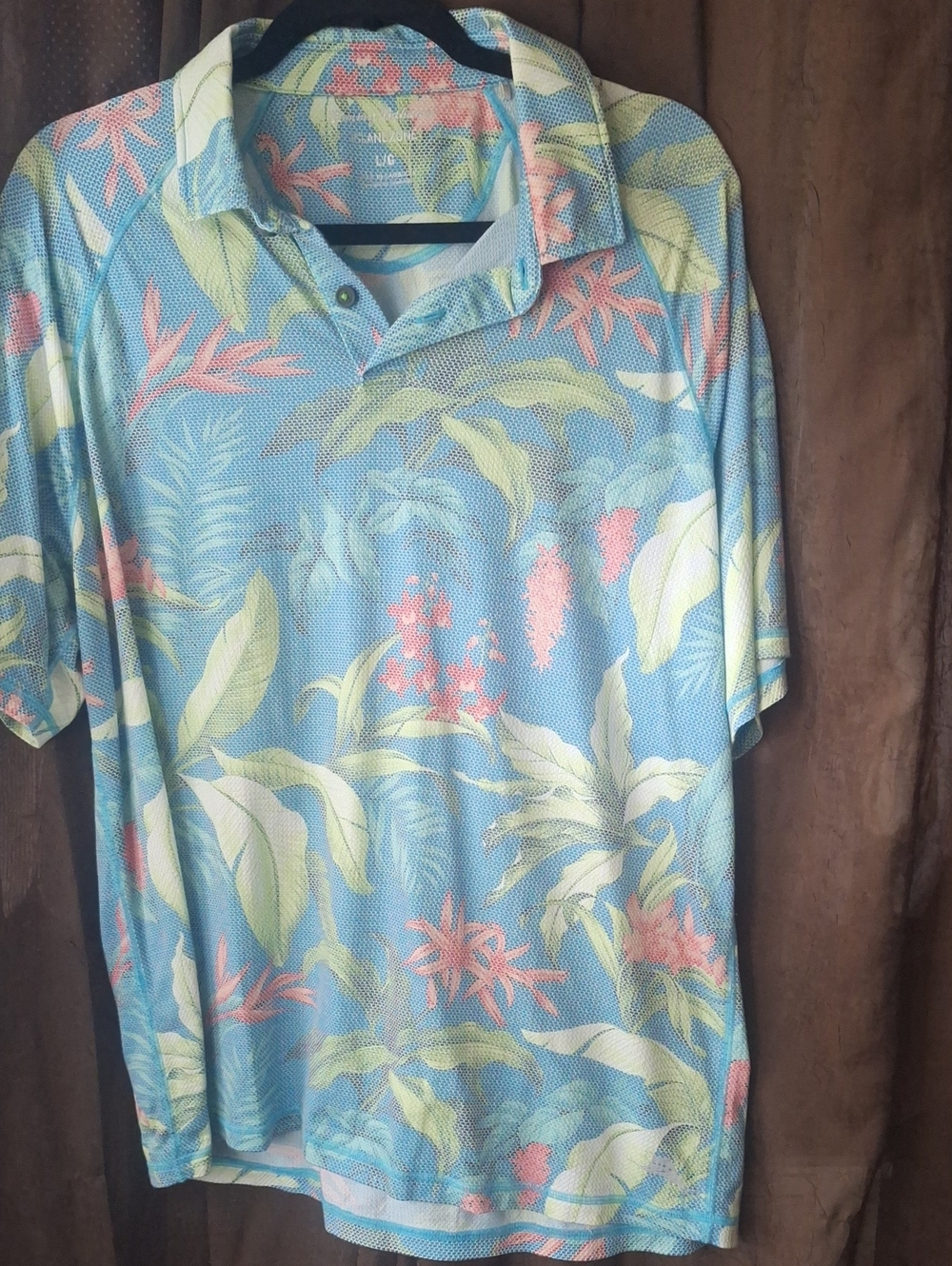 Tommy Bahama Light Blue Tropical Print Polo with Pink & Green Accents